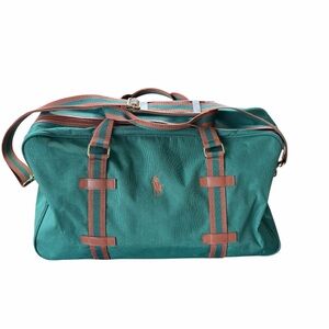 Vintage Polo Ralph Lauren Canvas Duffle Bag Green Leather Trim L Travel Gym Bag
